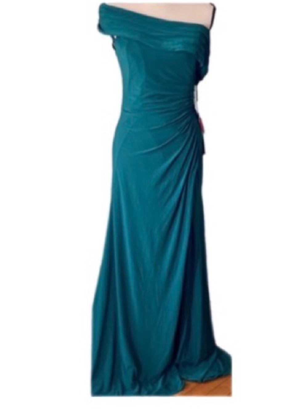 MacDuggal green off shoulder foldover collar emerald  green slit gown dress